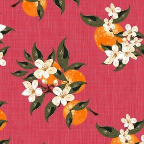 Country Home Decor Hand Drawn Summer Orange Fruit Illustration, Botanical Garden Country Cottagecore Citrus Floral Fruit Pattern, Kitchen Curtain Decor Table Linen, Pantry Cupboard Food Vibe in Cerise Pink Dark Red 
