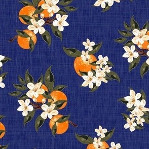 Orange Blossom Flowers, Citrus Tropical Fruit Floral, Midnight Blue Cream Orange, Kitchen Floral Apron Table Linen Curtains