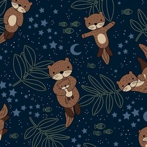 Dreamy otters - Starry night river wild fish and leaves adorable woodland creatures with stars and moon neutral green navy blue LARGE  