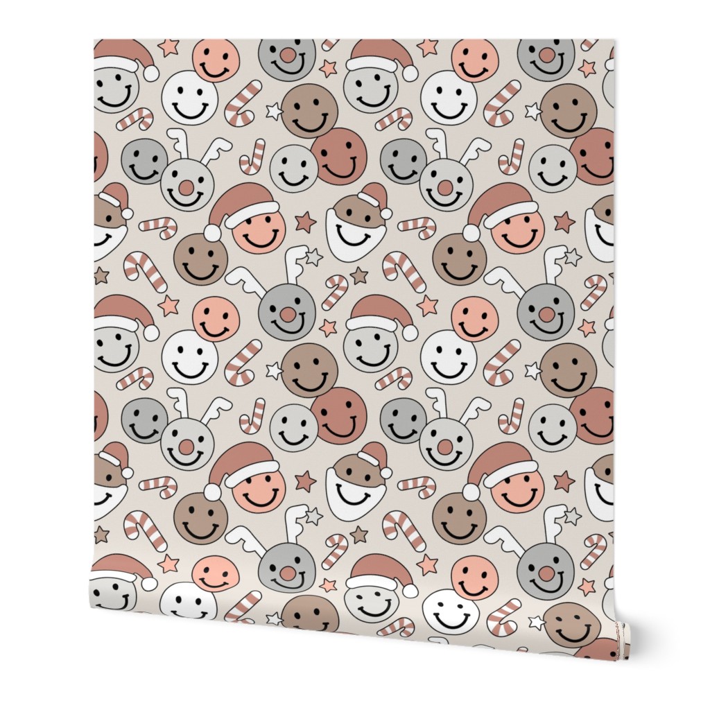 Christmas santa smiley design - santa hats moose candy canes and smilies holidays in vintage palette beige red blush gray on oat SMALL