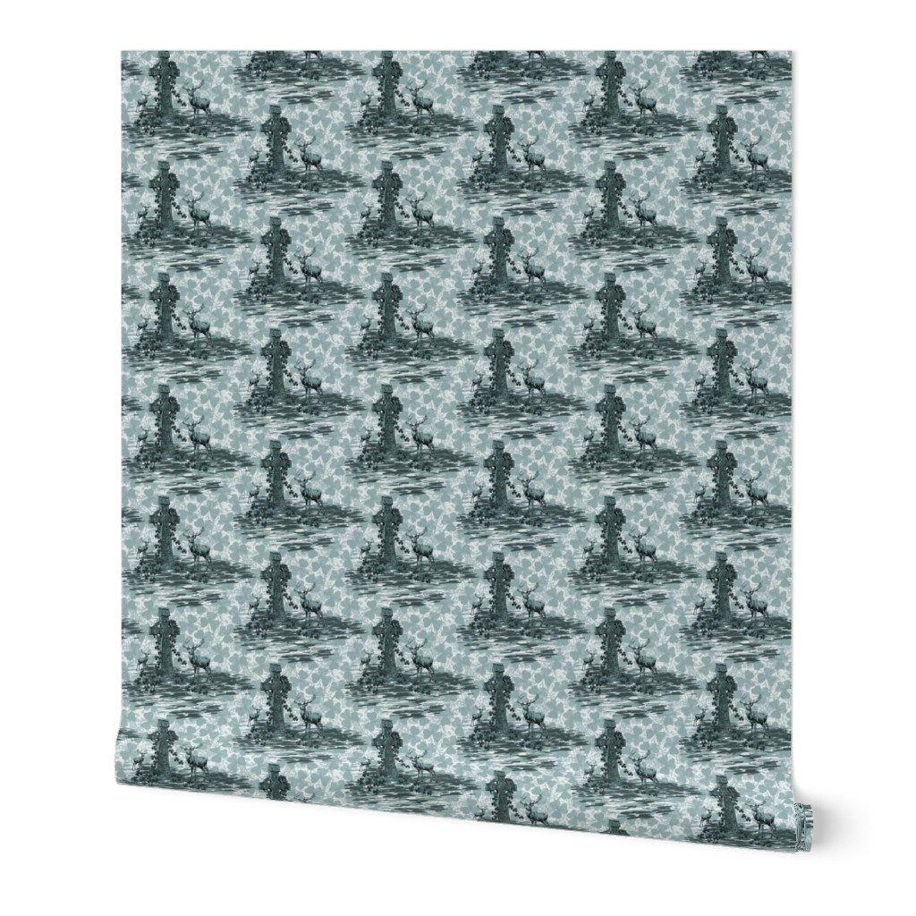 Grayscale Celtic Shamrocks Soft Blue Gray Toile | Light Blue Gray Monochrome Toile De Jouy Deer | Celtic Cross Lucky Shamrock Stag
