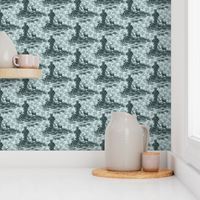 Grayscale Celtic Shamrocks Soft Blue Gray Toile | Light Blue Gray Monochrome Toile De Jouy Deer | Celtic Cross Lucky Shamrock Stag
