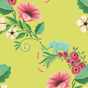 Whimsical and cheerful zig zag pattern of floral vines with cute baby elephants for kids room 