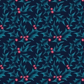 Christmas Holly Woodcut - Navy - SMALL