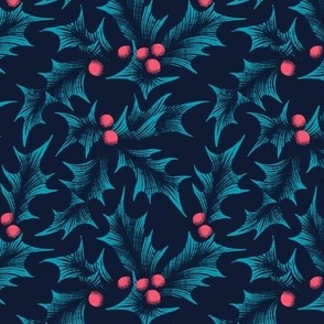 Christmas Holly Woodcut - Navy 