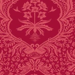 Funky Vintage Damask Bunnies, Birds, Insects - wine red - wallpaper- large