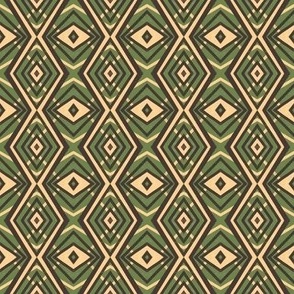 427 - Small mini scale distressed symmetry diamond pattern in bold vibrant creamy yellow, gray brown and leaf green retro colours, for textured grungy wallpaper, table runners, napkins, cushions, sheet sets and masculine/teen apparel.