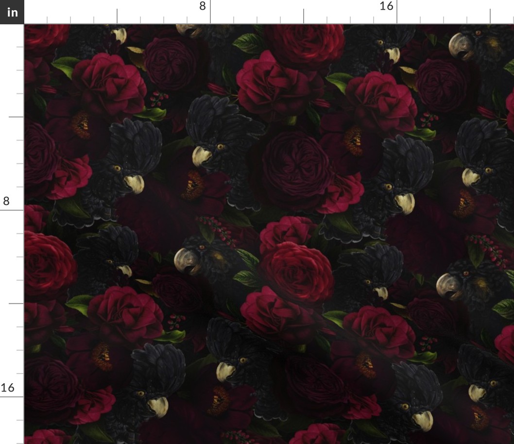 10" Dark Antique Moody Florals And Black Cockatoos - Gothic Real Burgundy Wintry And Autumnal Peonies