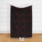 14" Dark Antique Moody Florals And Black Cockatoos - Gothic Real Burgundy Wintry And Autumnal Peonies