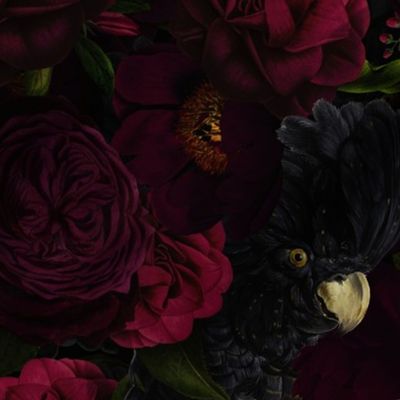 14" Dark Antique Moody Florals And Black Cockatoos - Gothic Real Burgundy Wintry And Autumnal Peonies