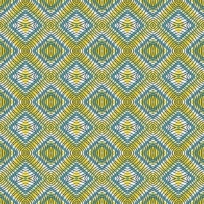 434 - Small mini scale turquoise, navy blue and lemon yellow for 60s and 70s vintage  décor and sewing -  distressed symmetry diamond pattern in bold vibrant retro colours, for textured grungy wallpaper, table cloths, curtains, sheet sets and duvet covers