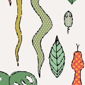 546 - Large scale tropical jungle with colourful snakes, mice and monster leaves  – for party table linen, kids apparel, baby cot sheets and curtains, pet accessories: reptiles, rodents, nature, tropo, rainforest in orange and green