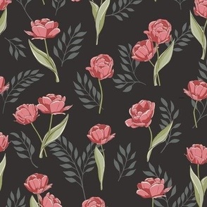 Sylvie's Tulip Field | Rose Red and Charcoal | Vintage Floral