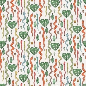 546 - Small scale tropical jungle with colourful snakes, mice and monster leaves  – for party table linen, kids apparel, baby cot sheets and curtains, pet accessories: reptiles, rodents, nature, tropo, rainforest in orange and green
