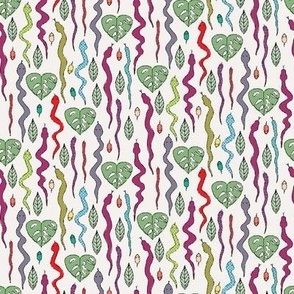 546 - Small scale tropical jungle with colourful snakes, mice and monster leaves  – for party table linen, kids apparel, baby cot sheets and curtains, pet accessories: reptiles, rodents, nature, tropo, rainforest in brilliant reds, green, turquoise, yello