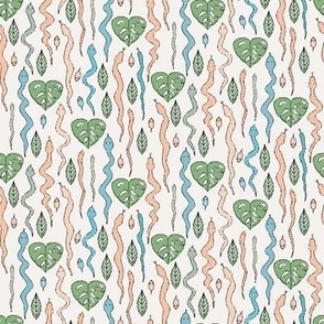 546 - Small  scale tropical jungle with colourful snakes, mice and monster leaves  – for party table linen, kids apparel, baby cot sheets and curtains, pet accessories: reptiles, rodents, nature, tropo, rainforest in turquoise, apricot and sage green