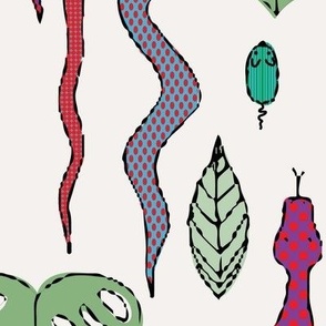 546 - Large scale tropical jungle with colourful snakes, mice and monster leaves  – for party table linen, kids apparel, baby cot sheets and curtains, pet accessories: reptiles, rodents, nature, tropo, rainforest in brilliant reds, green, turquoise, yello