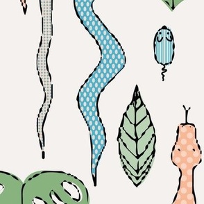 546 - Large scale tropical jungle with colourful snakes, mice and monster leaves  – for party table linen, kids apparel, baby cot sheets and curtains, pet accessories: reptiles, rodents, nature, tropo, rainforest in turquoise, apricot and sage green