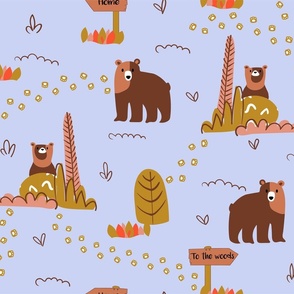  bears in mountains in the forest blue, brown and yellow