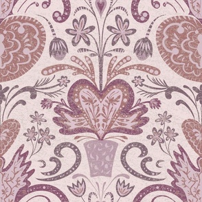 Seamless pattern with flowers, hearts and birds with linen texture in pastel pink tones for a wedding or Valentine's day.