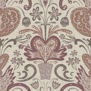  Seamless pattern with flowers, hearts and birds with linen texture in pastel beige tones for a wedding or Valentine's Day