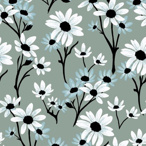 (XL)Blue Chamomile  (Daisy summer field in light brown, white and teal)