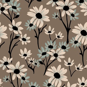 (XL)Brown Chamomile  (Daisy summer field in light brown, white and teal)