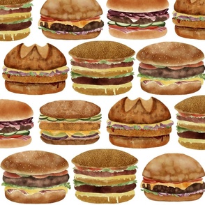 Burgers Galore: Hamburgers, Cheesburgers, Vegan Burges, Bacon Panini, Cutlet Sandwiches, White Background, Large Scale