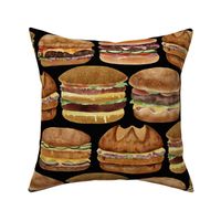 Burgers Galore: Hamburgers, Cheesburgers, Vegan Burges, Bacon Panini, Cutlet Sandwiches, Black Background, Large Scale