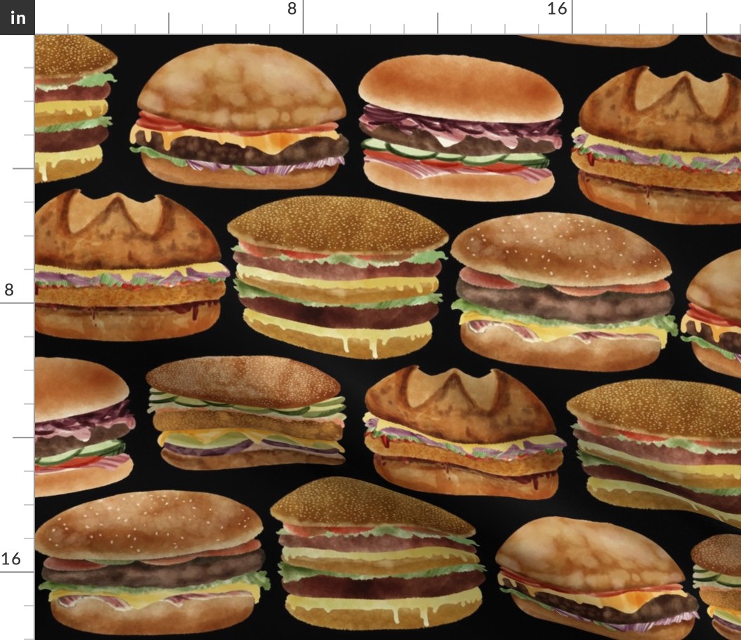 Burgers Galore: Hamburgers, Cheesburgers, Vegan Burges, Bacon Panini, Cutlet Sandwiches, Black Background, Large Scale