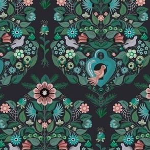 Busy quirky damask pattern of colorful flowers, birds and vines - all over and busy - small  