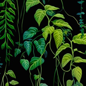 Tropical Jungle Vine Wallpaper - Lush Green Leaves Decor - Botanical Forest Wall Art - Black and Green