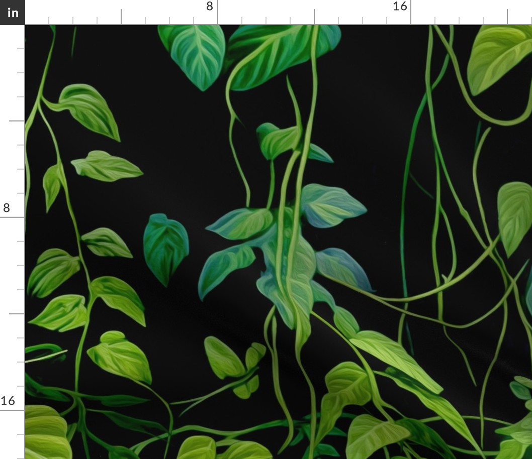 Tropical Jungle Vine Wallpaper - Lush Green Leaves Decor - Botanical Forest Wall Art - Black and Green