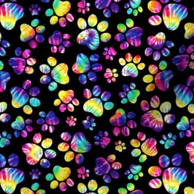 Medium Scale Dog Paw Prints Rainbow Tie Dye on Black