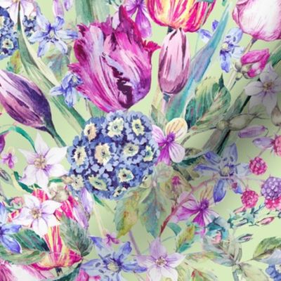 Vintage watercolor tulips on mint