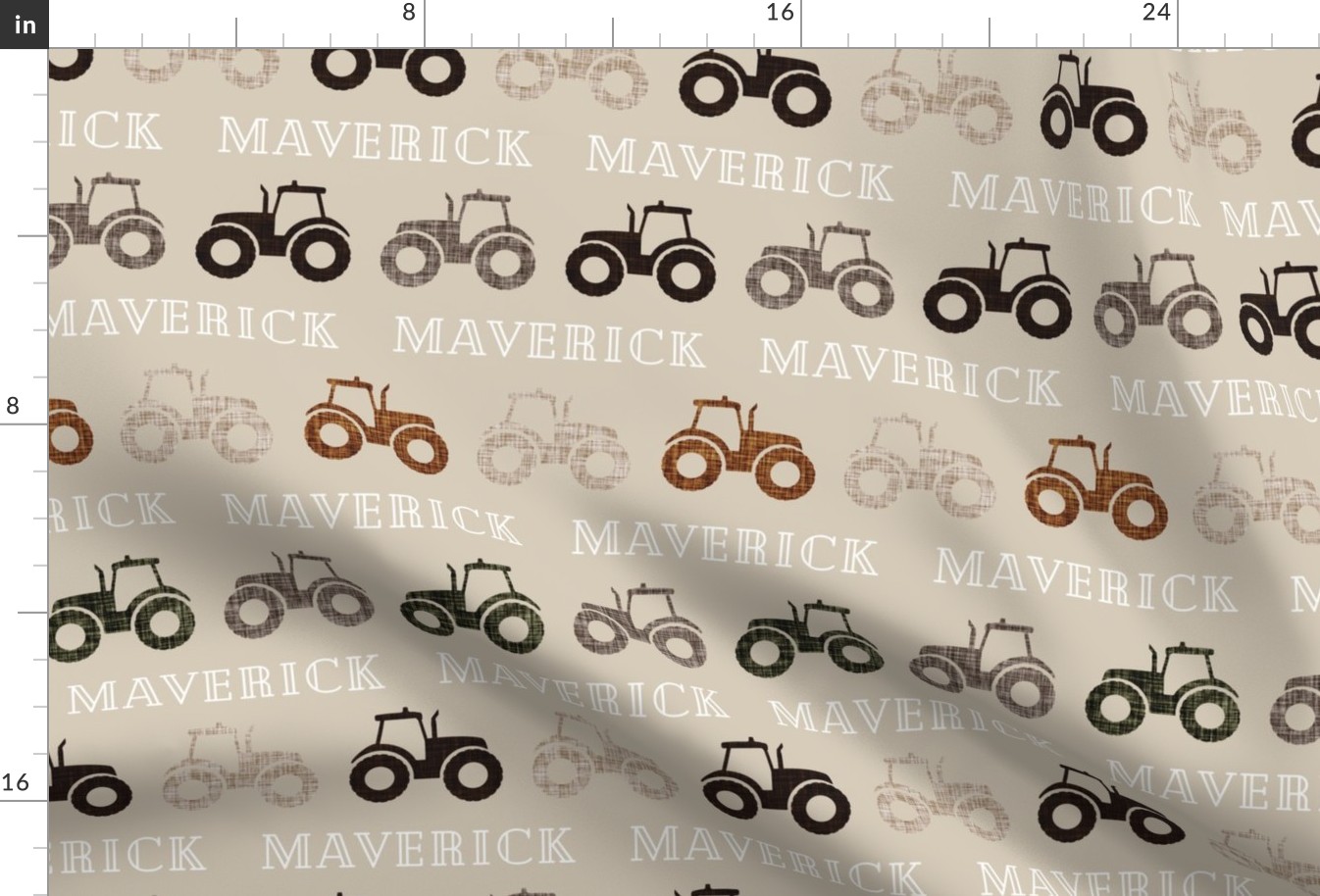 Maverick: Cheque Font on Tractors: linen, sugar sand, mud, brown, green olive, umber