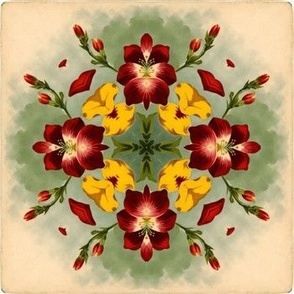 7'' Floral Kaleidoscope | Vintage Aesthetic | Yellow Crimson Green Beige | Muted Colors and Vibrant Colors | 1950s | Cozy Rustic