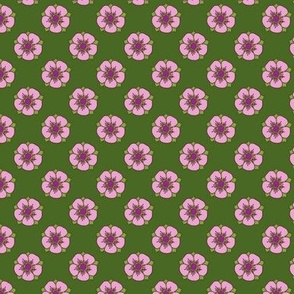 Whimsical Pink 5 Petal Flower with Purple Center on Green at 1.5 Inch Repeat