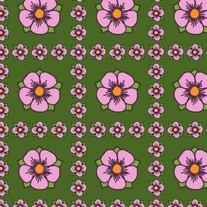 Squares of Large Stylized Pink Flowers Surrounded by Smaller Pink Flowers. Repeat of 2.25 Inches