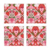 A Folk Art Valentine's Day Quilt Diamond Print With Hearts, Strawberries, Doves, Flowers, & Stars
