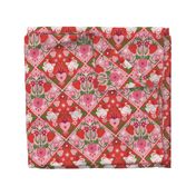 A Folk Art Valentine's Day Quilt Diamond Print With Hearts, Strawberries, Doves, Flowers, & Stars