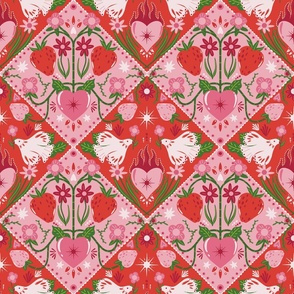 A Folk Art Valentine's Day Quilt Diamond Print With Hearts, Strawberries, Doves, Flowers, & Stars