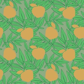 Yellow apples and green leaves