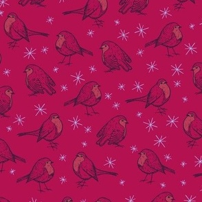 Rustic Victorian style Robin design on a frosty morning, in magenta, burgundy, lilac and red “Festive Robins”