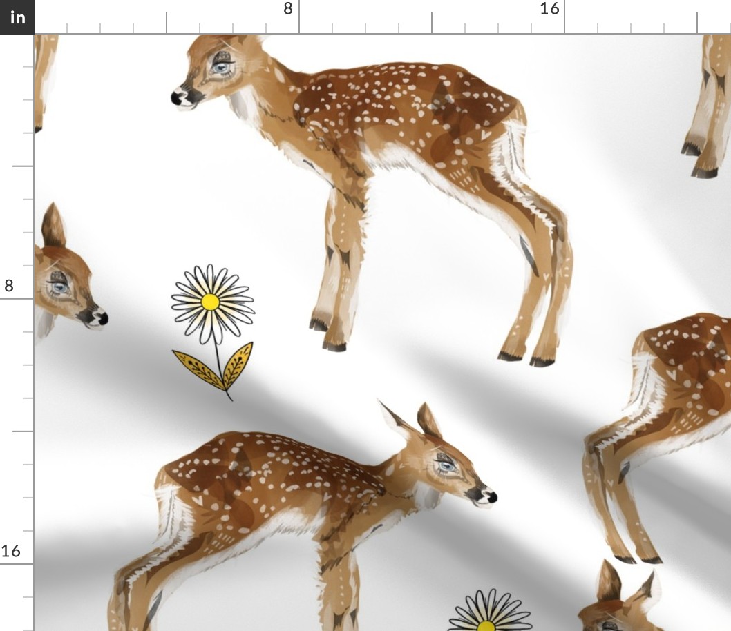 Large - Sweet Lil Fawns with Daisies - White Background