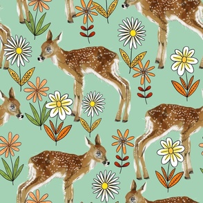 Large - Sweet Lil Fawns with Vintage Flowers - Mint Background