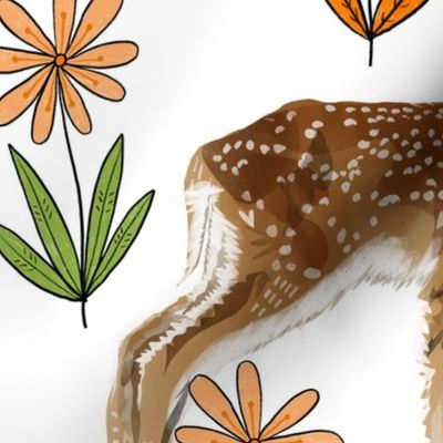 Large - Sweet Lil Fawns with Vintage Flowers - White Background