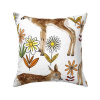 Large - Sweet Lil Fawns with Vintage Flowers - White Background