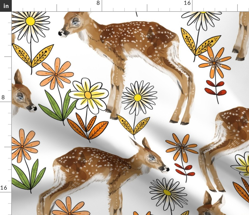 Large - Sweet Lil Fawns with Vintage Flowers - White Background