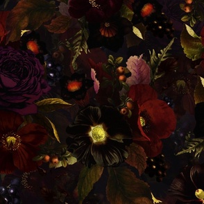 21" Vintage Night Romanticism: Maximalism Purple Bold Moody Florals - Antiqued burgundy Roses and Nostalgic Gothic  Mystic Night 16/3-  Antique Botany Wallpaper and Victorian Goth Mystic inspired